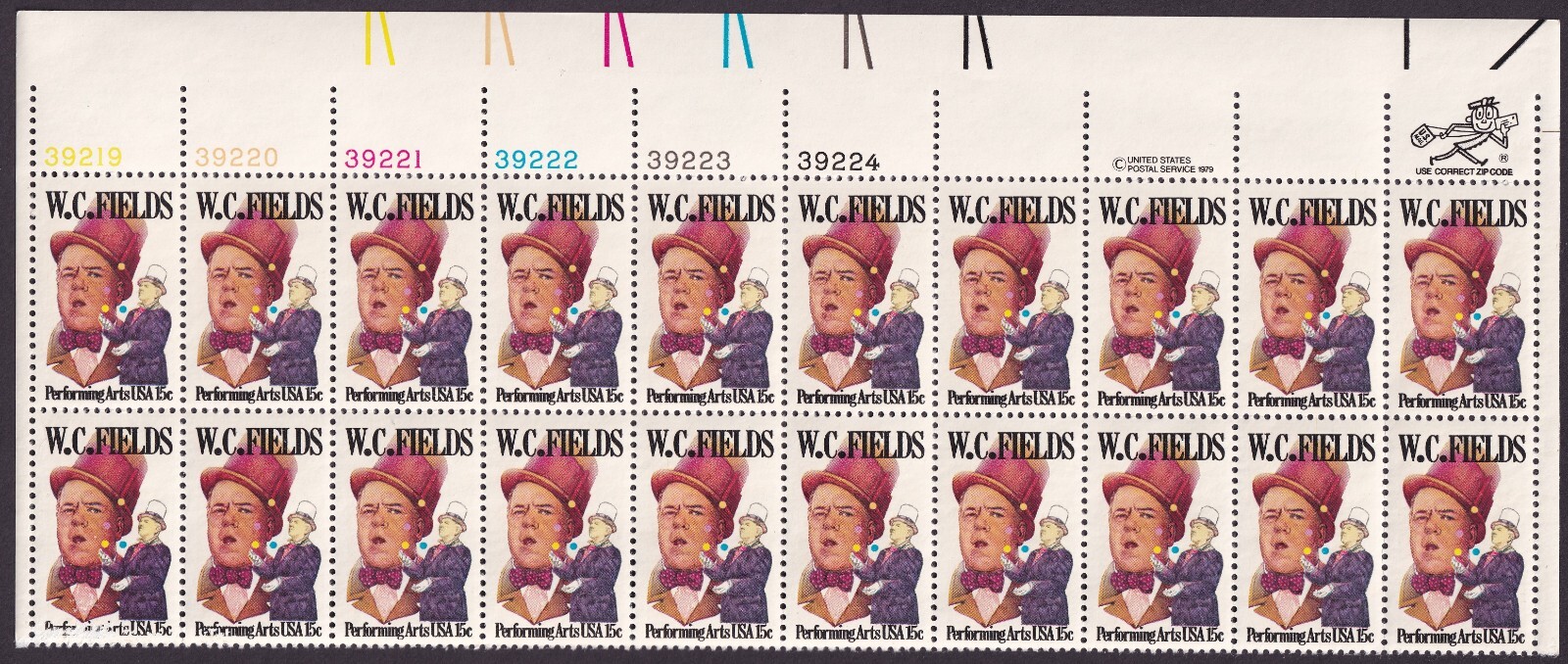 Scott #1803 W.C. Fields Plate Block of 20 Stamps - MNH