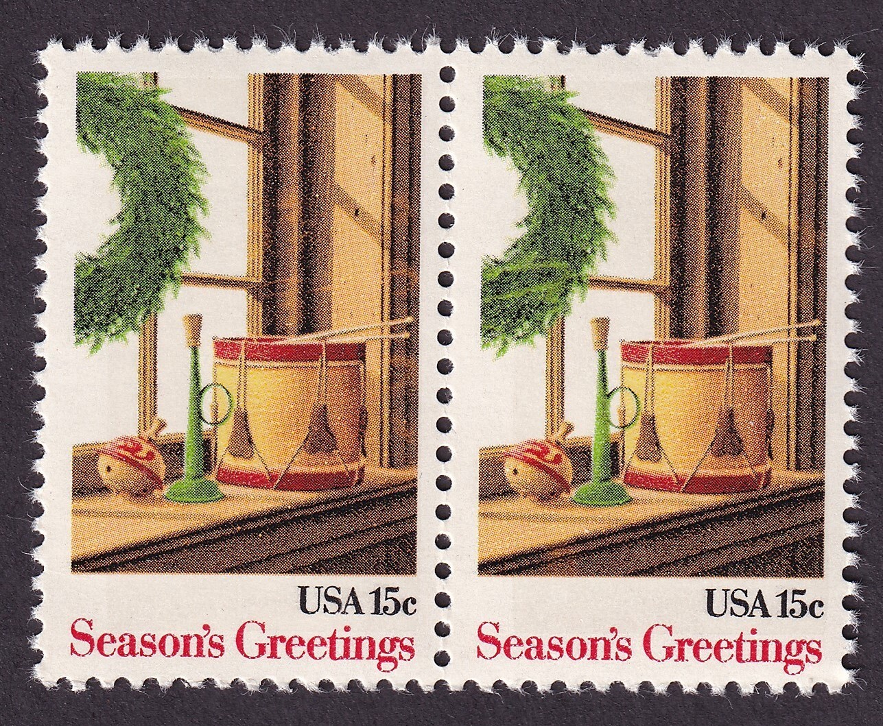 Scott #1843 Christmas Wreath in Windows with Toys Pair of Stamps - MNH