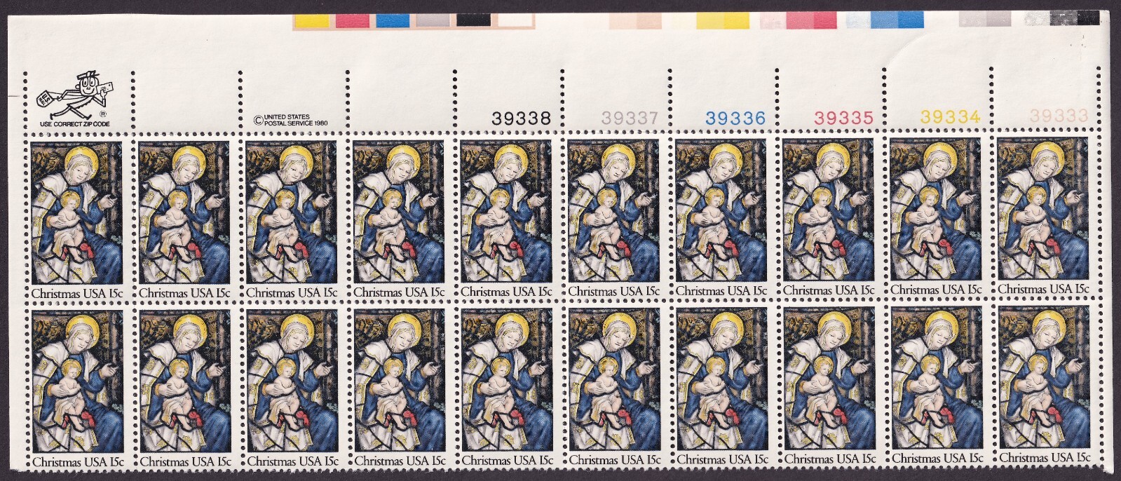 Scott #1842 Christmas Madonna Plate Block of 20 Stamps - MNH UR PC#1