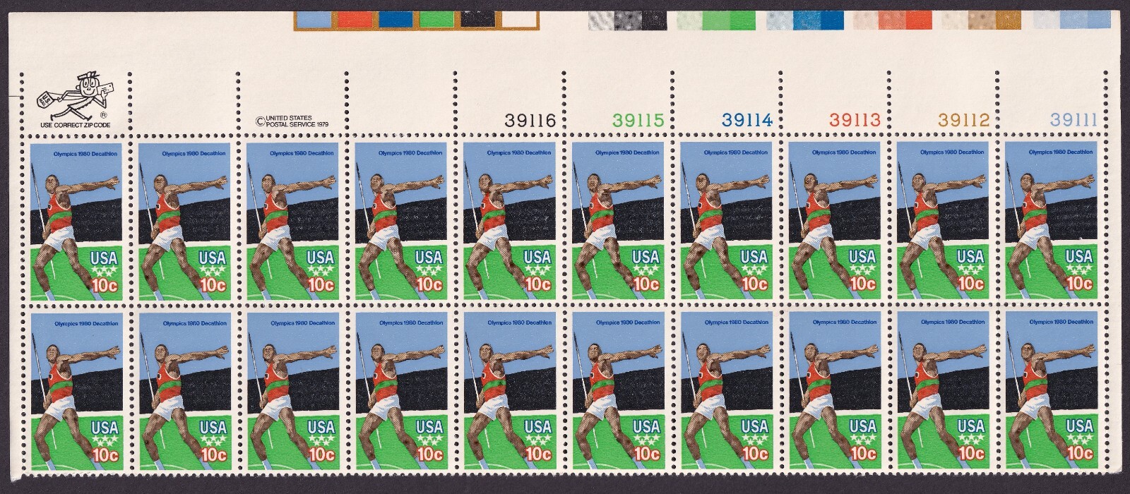 Scott #1790 Summer Olympics Javelin Thrower Plate Block of 20 Stamps - MNH