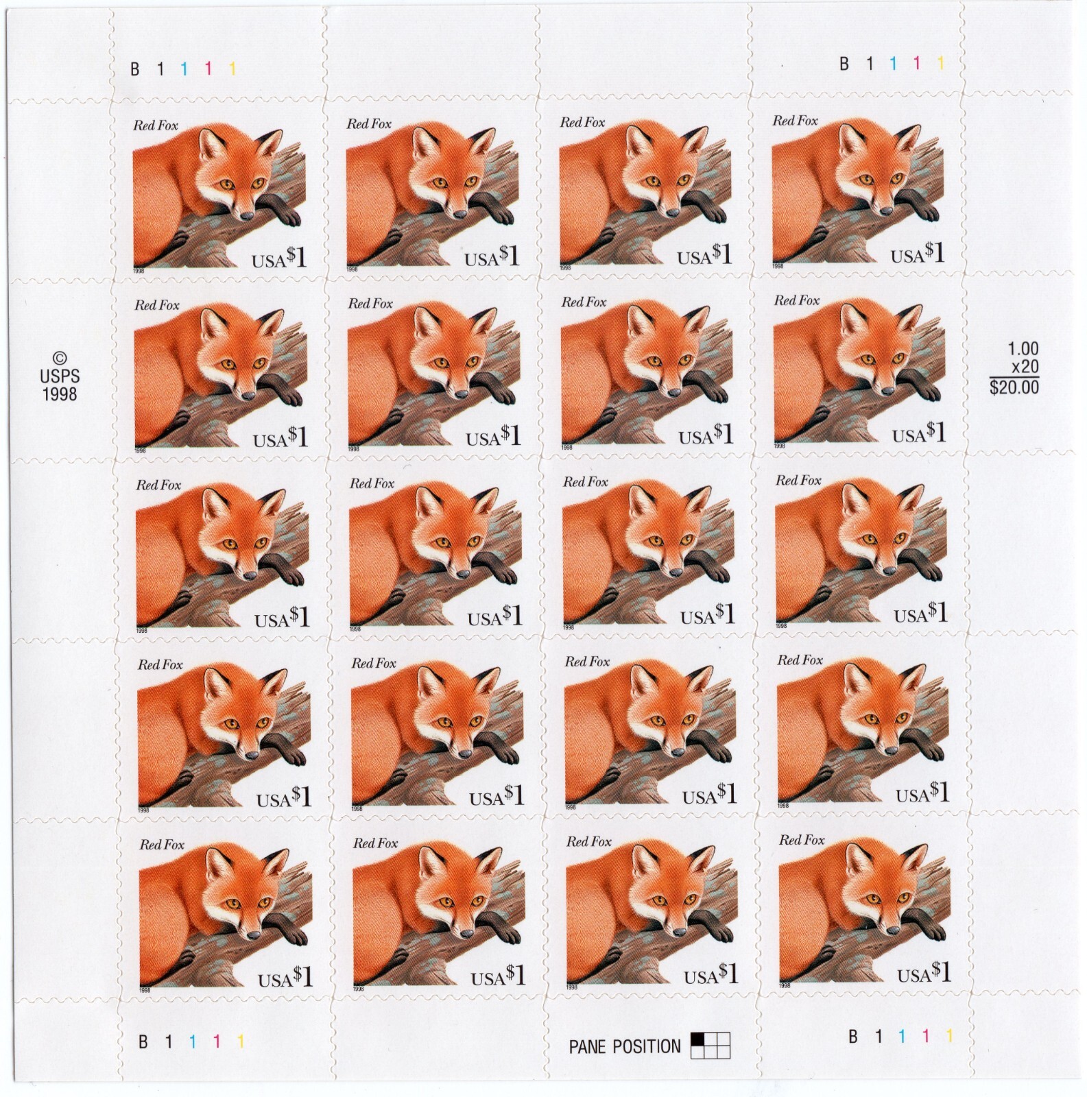 Scott #3036 Red Fox Full Sheet of 20 Stamps - MNH
