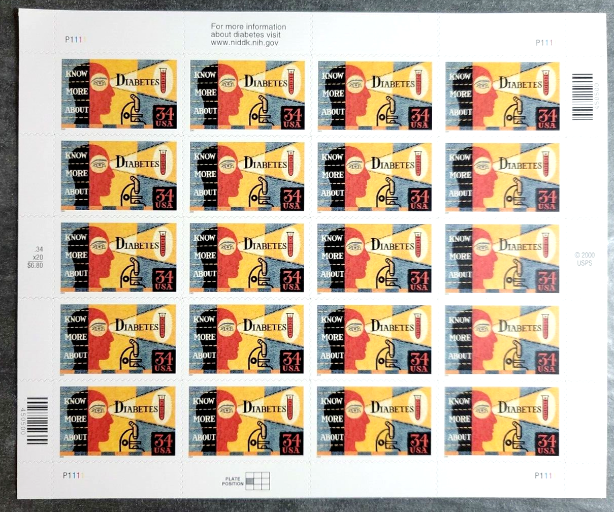 Scott #3503 Diabetes Full Sheet of 20 Stamps - MNH