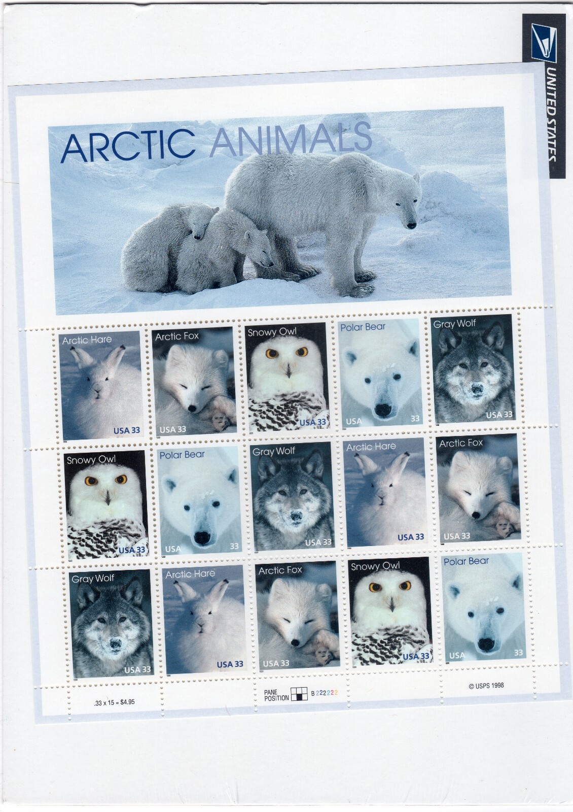 Scott #3292a (3288-3292) Arctic Animals Full Sheet of 15 Stamps - Sealed White