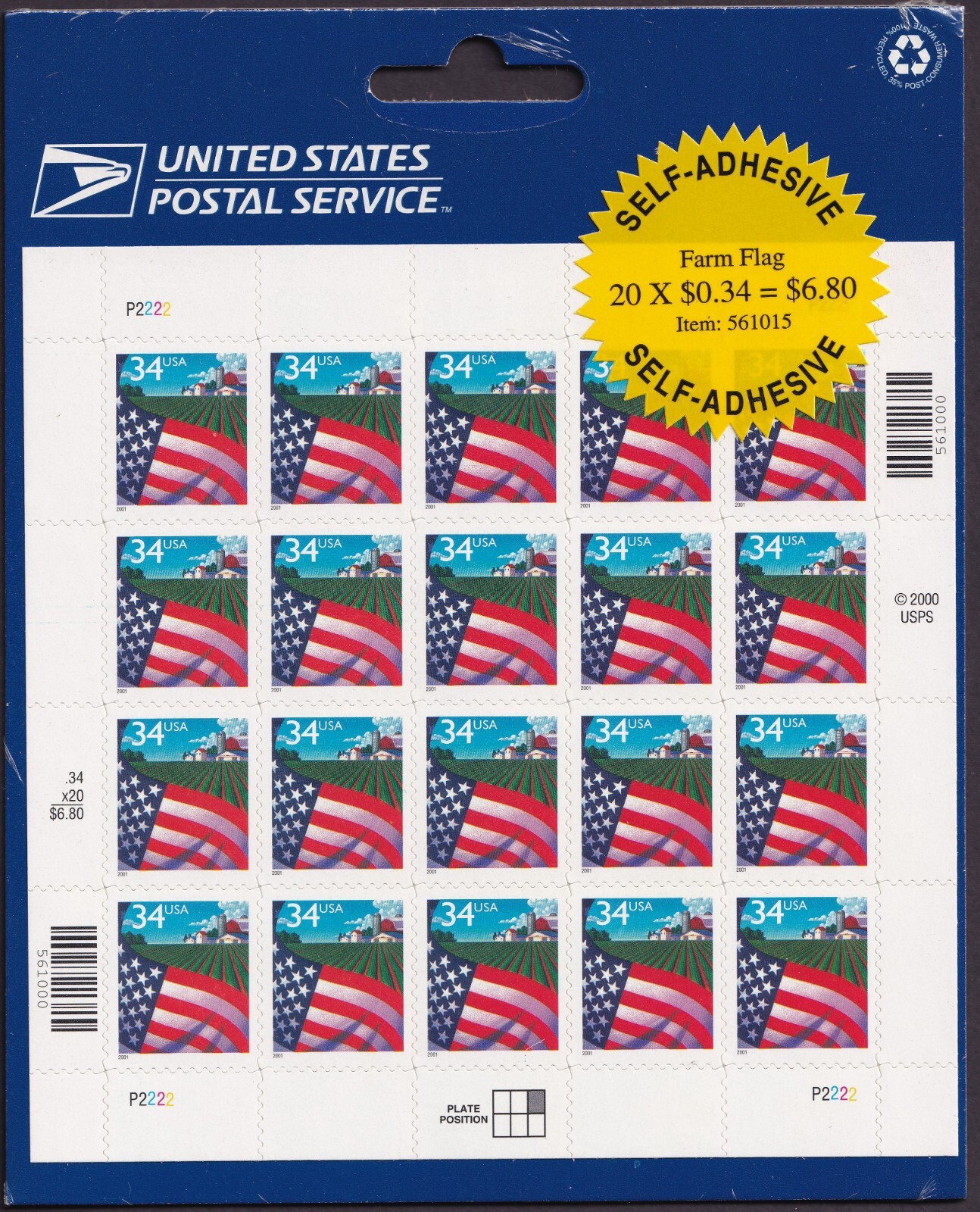 Scott #3470 Flag Over Farm Sheet Of 20 Stamps - Sealed Blue