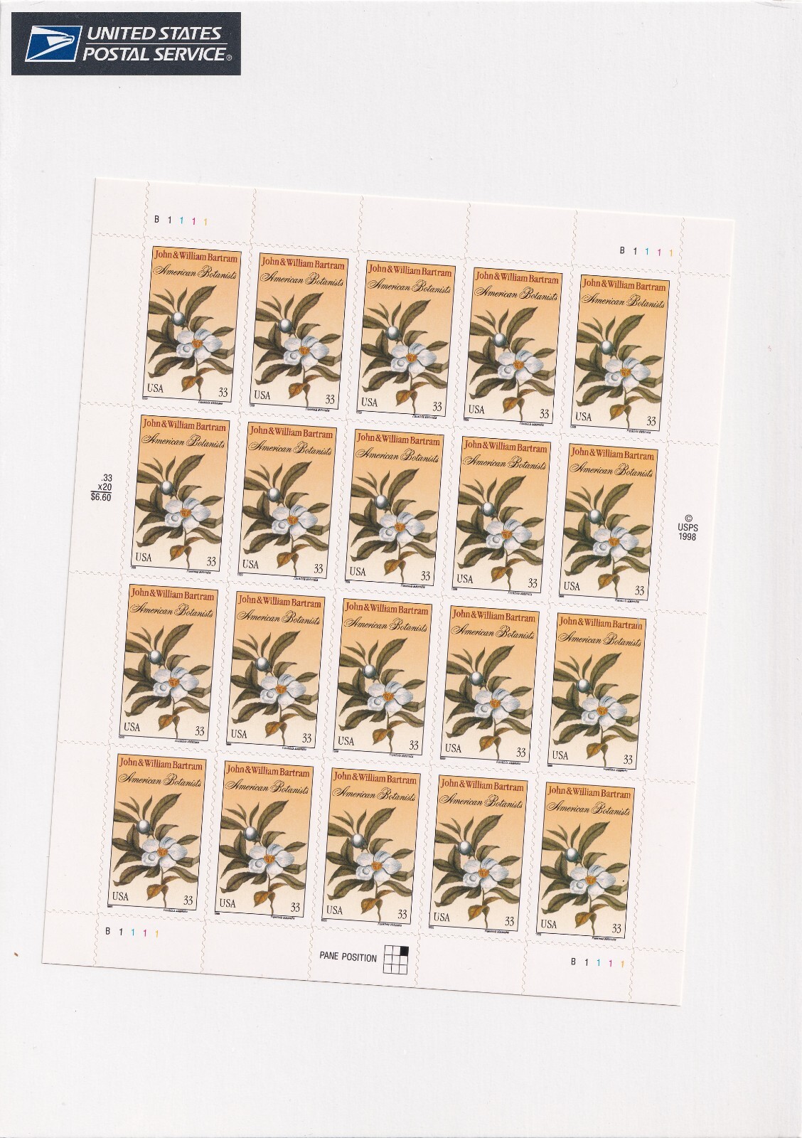 Scott #3314 John & William Bartram Botanists Sheet of 20 Stamps - Sealed White