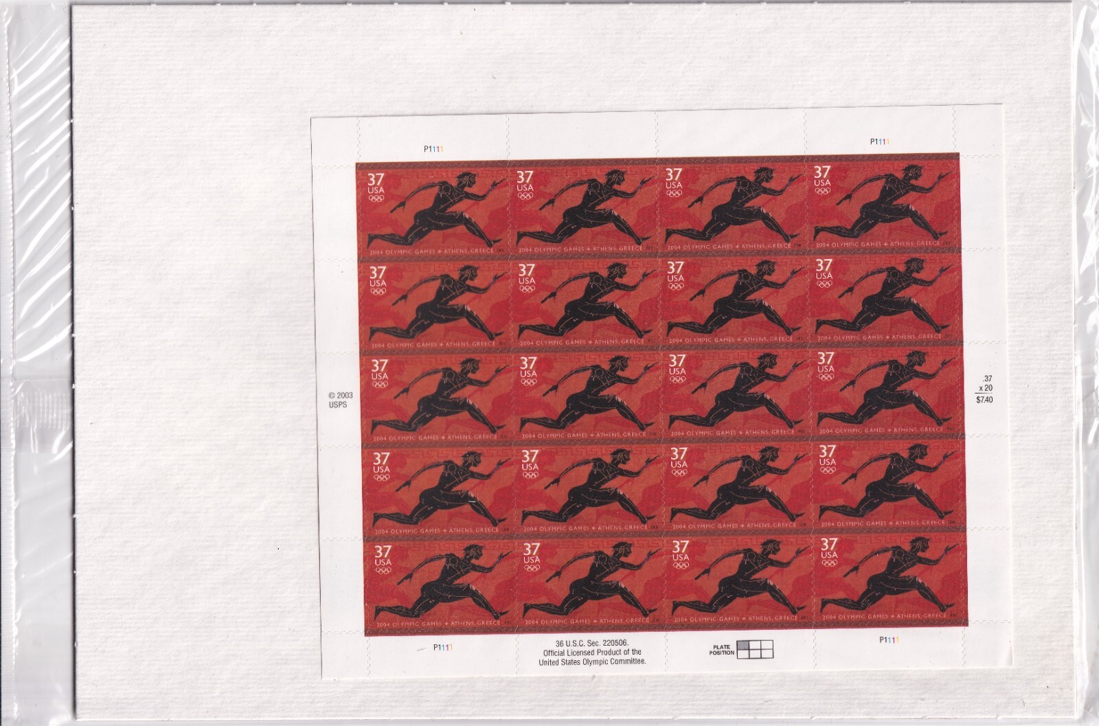 Scott #3863 Greek Olympics Sheet of 20 Stamps - Sealed White