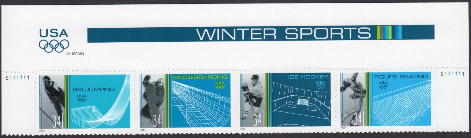 Scott #3555a Winter Sports (Ice Hockey) Title Strip (Block) of 4 Stamps - MNH