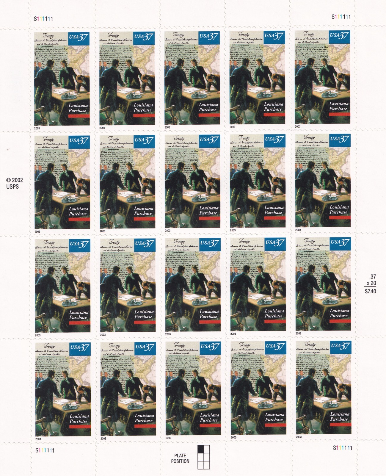 Scott #3782 Louisiana Purchase (Jefferson, Napoleon) Sheet of 20 Stamps - MNH