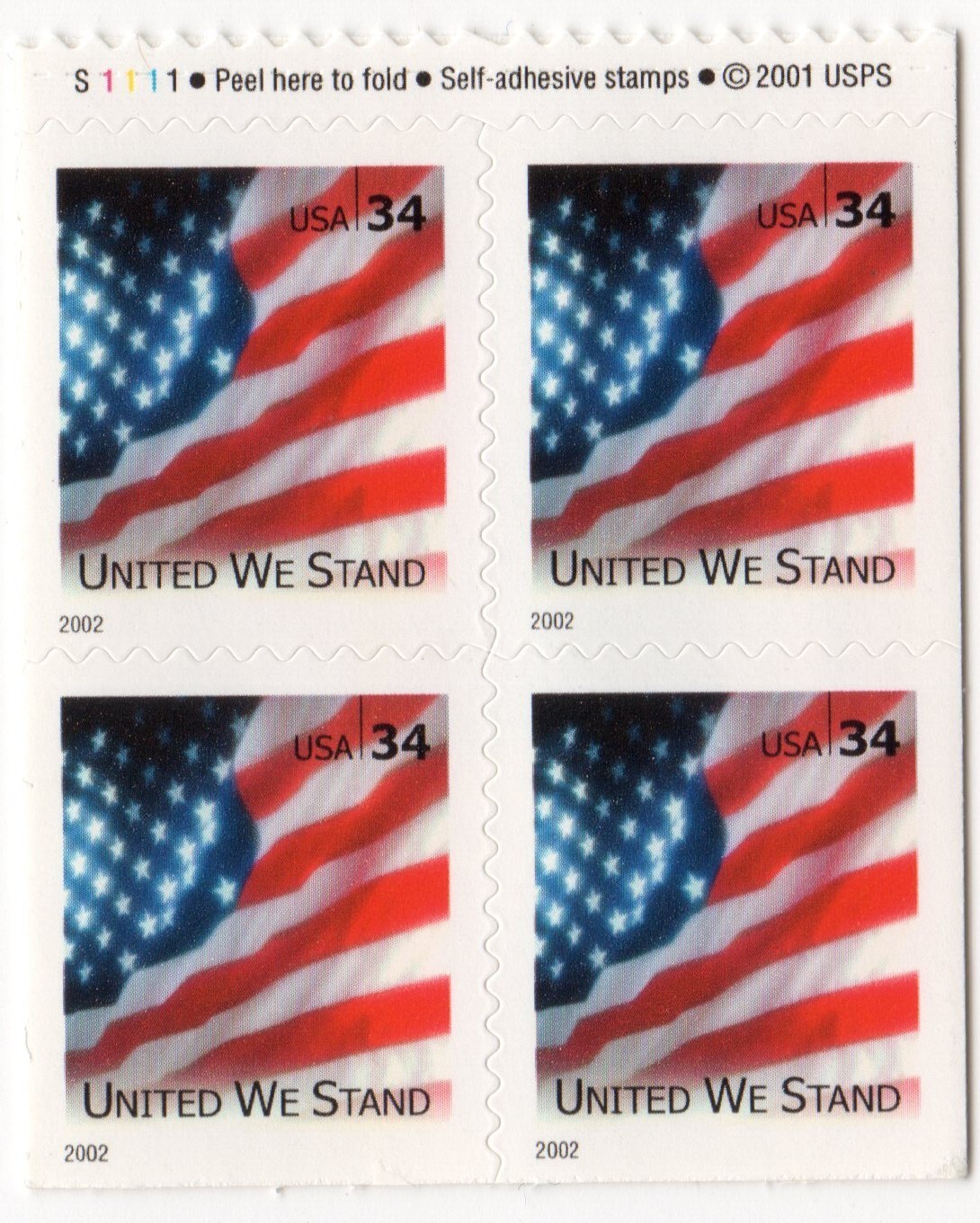 Scott #3549Be United We Stand Flag Booklet Pane of 4 Stamps - MNH P#S1111