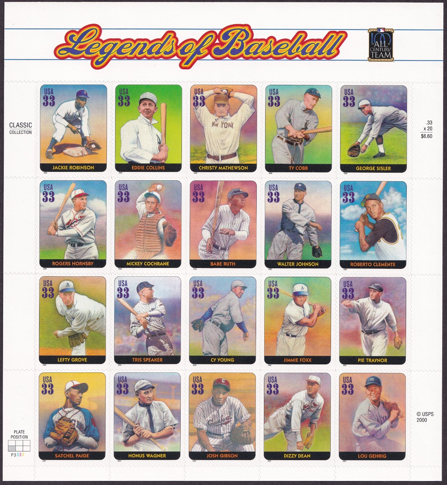 Scott #3408 33¢ Legends OF Baseball (Jackie Robinson) Sheet of 20 Stamps - MNH