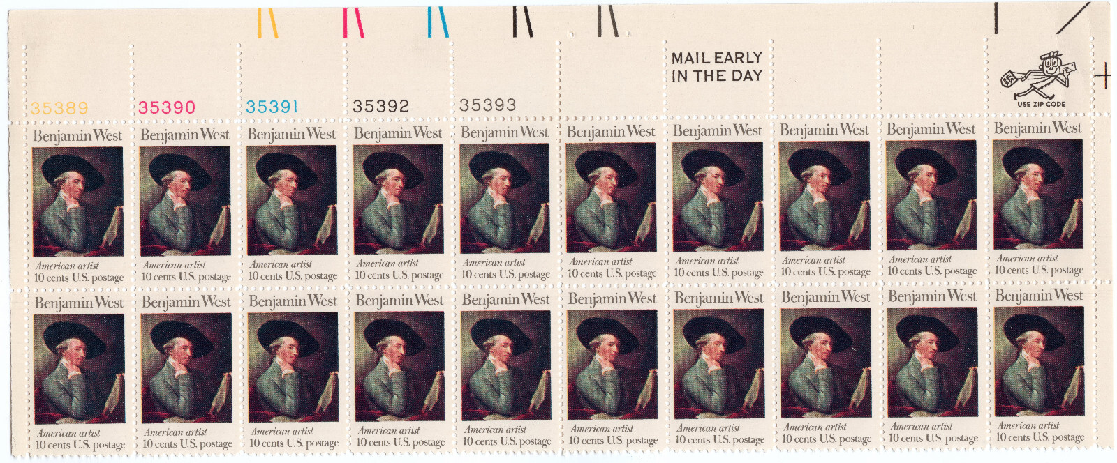 Scott #1553 Benjamin West Painter Plate Block of 20 Stamps - MNH PC#1