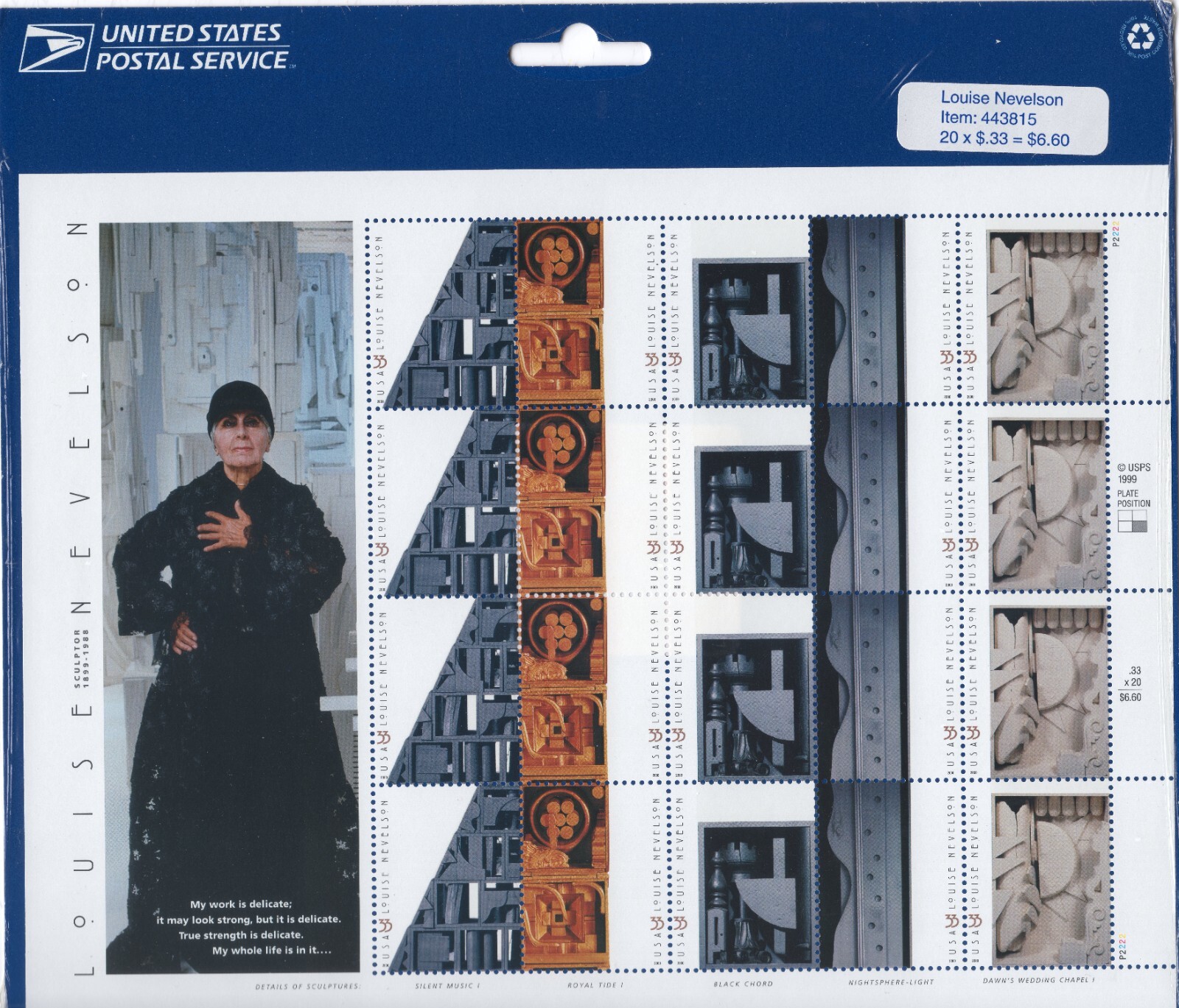 Scott #3383a (3379-3383) Louise Nevelson Sheet of 20 Stamps - Sealed