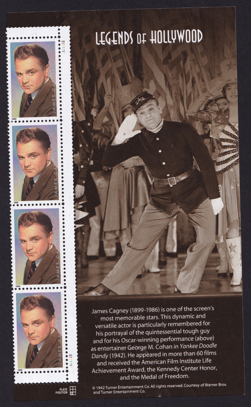 Scott #3329 James Cagney (Legends of Hollywood) Plate Block of 4 Stamps MNH PC#3