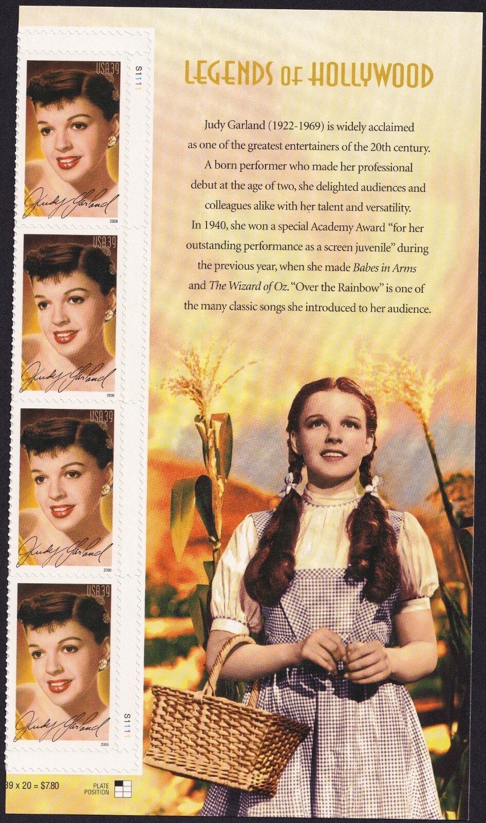 Scott #4077 Judy Garland (Legends of Hollywood) Plate Block of 4 Stamps MNH PC#3