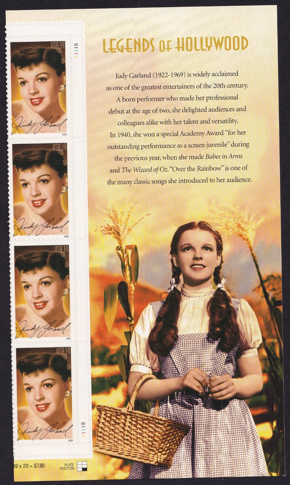 Scott #4077 Judy Garland (Legends of Hollywood) Plate Block of 4 Stamps - MNH