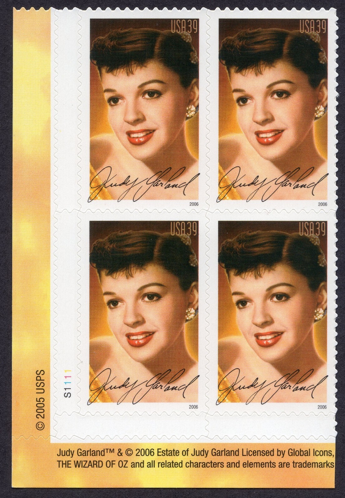 Scott #4077 Judy Garland (Legends of Hollywood) Plate Block of 4 Stamps - MNH