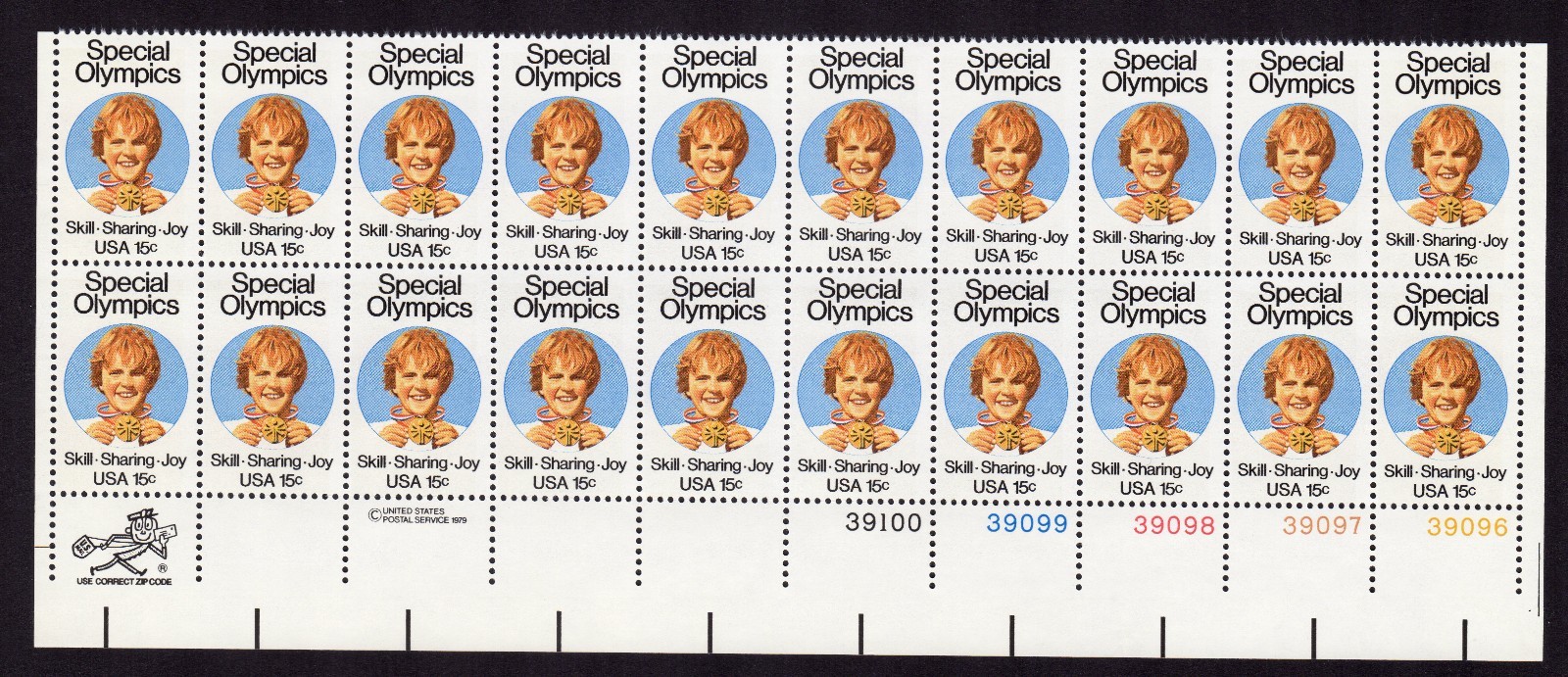 Scott #1788 Special Olympics Plate Block of 20 Stamps - MNH LR