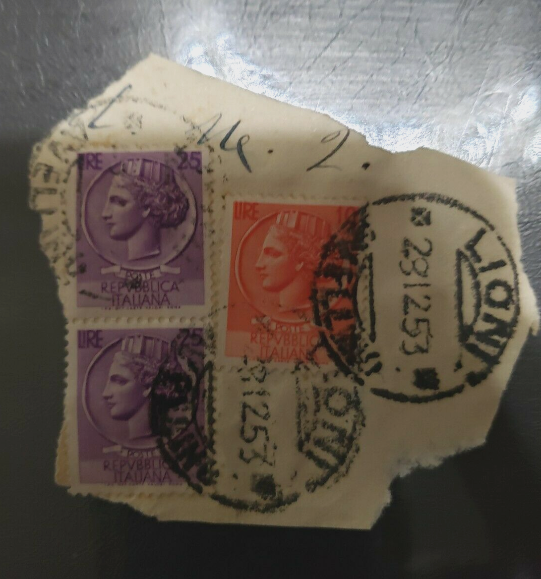Stamps Europe Italy 3 used, 2 L.25, 1 L.10, 1953 SYRACUSEAN COIN
