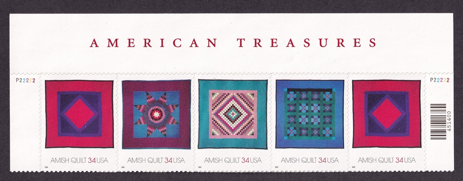 Scott #3527a (3524-3527) Amish Quilts Title Plate Block of 5 Stamps - MNH