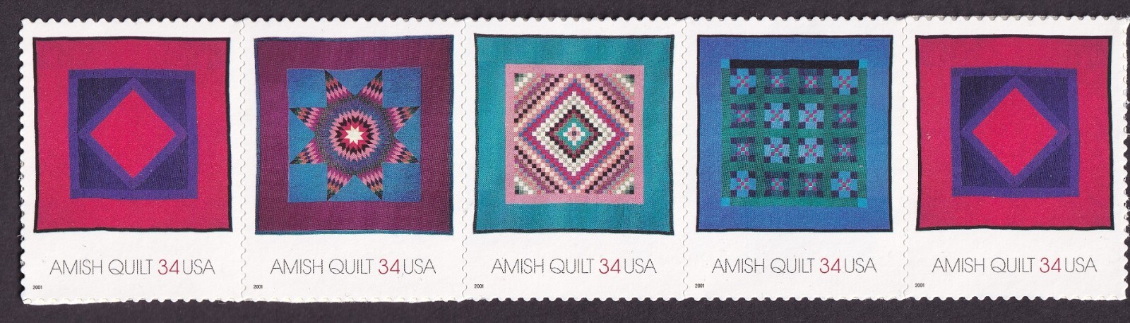 Scott #3527a (3524-3527) Amish Quilts Plate Strip of 5 Stamps - MNH