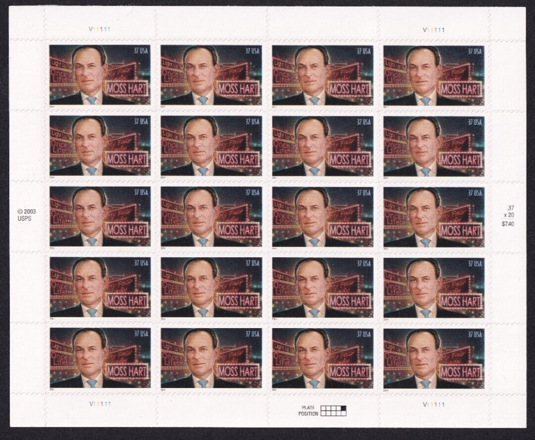 Scott #3882 Moss Hart (Broadway, Theatre) Full Sheet of 20 Stamps