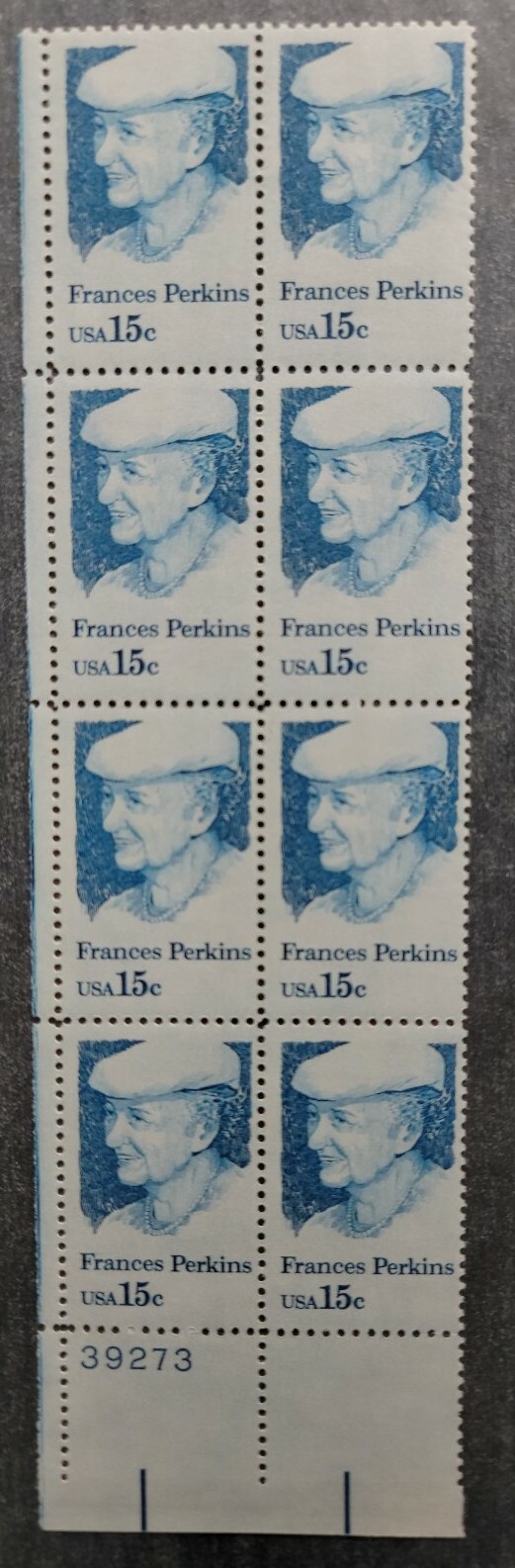 Scott #1821 Frances Perkins 15¢ Plate Block of 8 Stamps - MNH