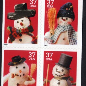 Scott #3687a Snowman Greetings - 37¢ Booklet Pane Plate Block of 4 Stamps - MNH