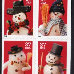 Scott #3687a Snowman Greetings - 37¢ Booklet Pane Block of 4 Stamps - MNH No Bak