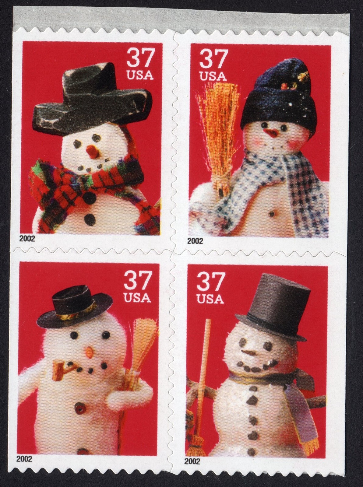 Scott #3687a Snowman Greetings - 37¢ Booklet Pane Block of 4 Stamps - MNH No Bak