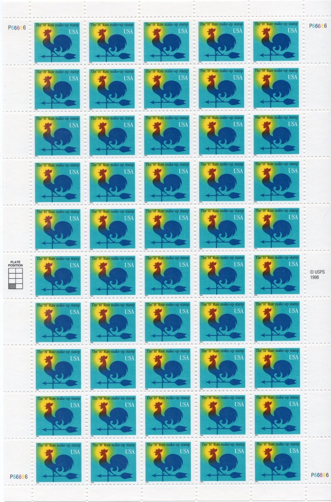 Scott #3257 Rooster Weather Vane H Rate Make-up Sheet of 50 Stamps - MNH
