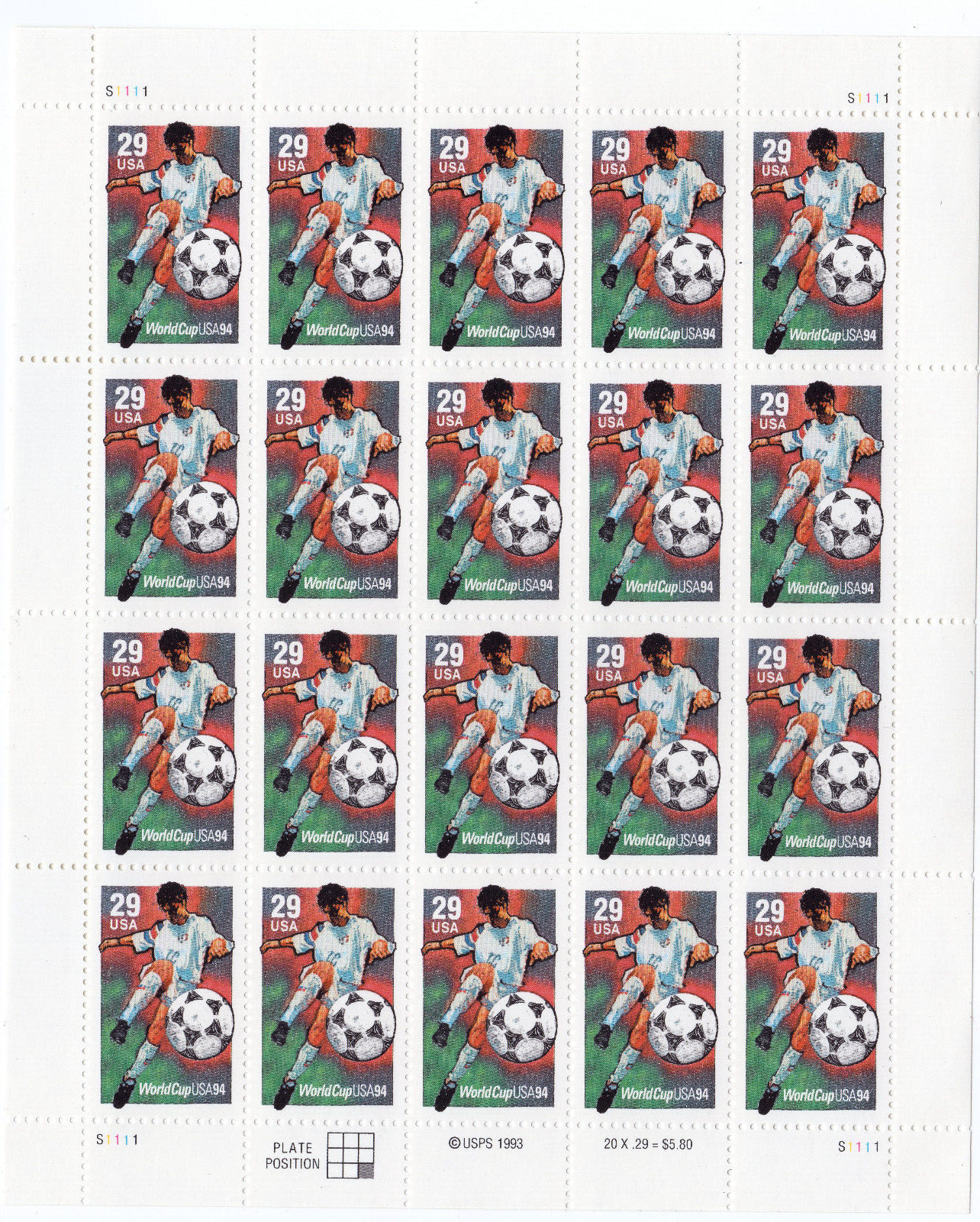 Scott #2834 World Cup Soccer 29c Sheet of 20 Stamps - MNH