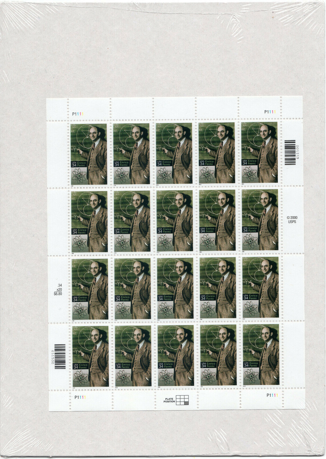 Scott #3533 Enrico Fermi (Particle Physics) Sheet of 20 Stamps - Sealed