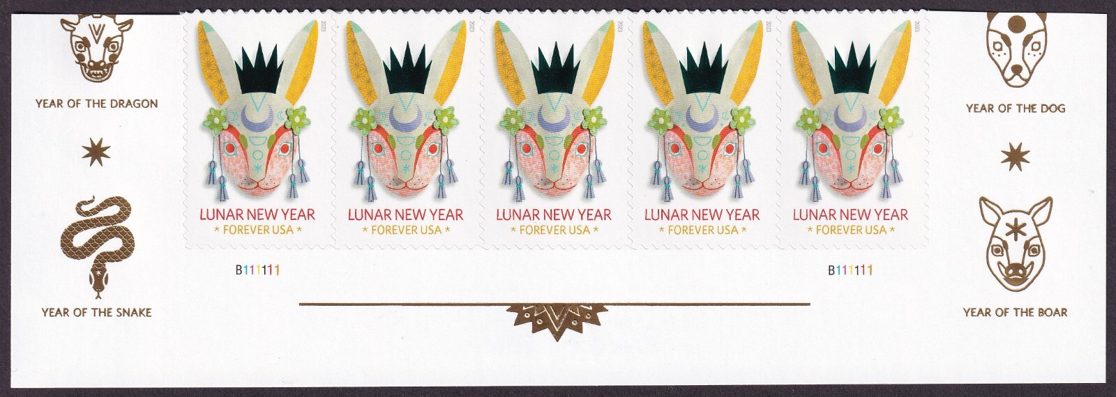 Scott #5744a Chinese (Lunar) New Year -Rabbit- Bottom Strip of 5 Stamps - MNH