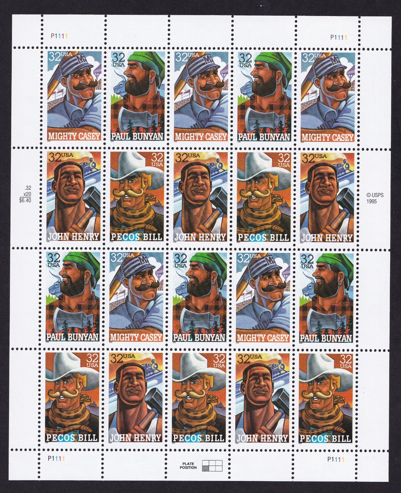 Scott #3086a (3083-86) FOLK HEROES (Paul Bunyan) Sheet of 20 Stamps - MNH