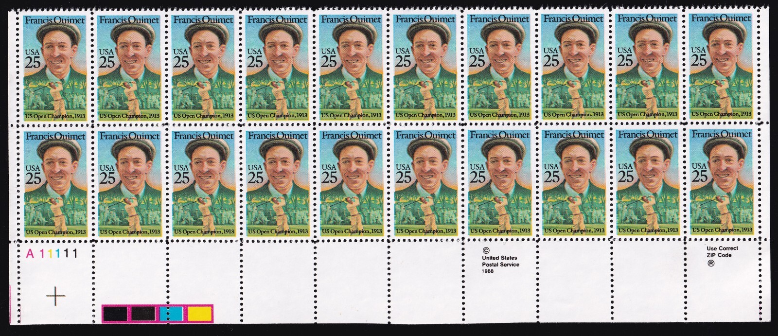 Scott #2377 Francis Ouimet Plate Block of 20 Stamps - MNH LL