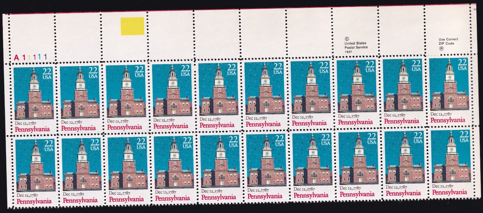Scott #2337 Pennsylvania (Strip) Plate Block of 20 Stamps - MNH