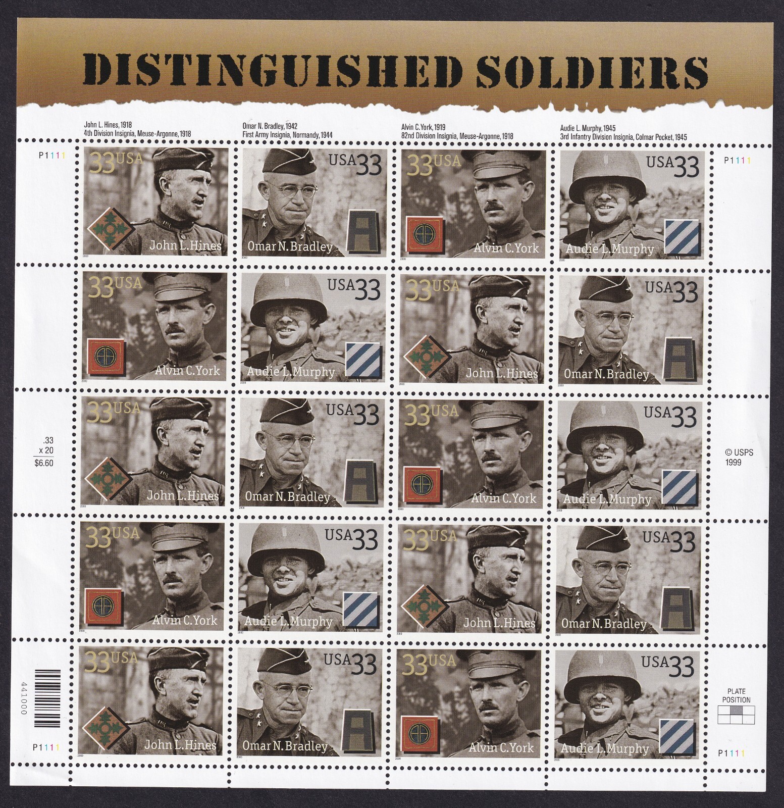 Scott #3396a (3393-3396) Distinguished Soldiers Sheet of 20 Stamps -MNH