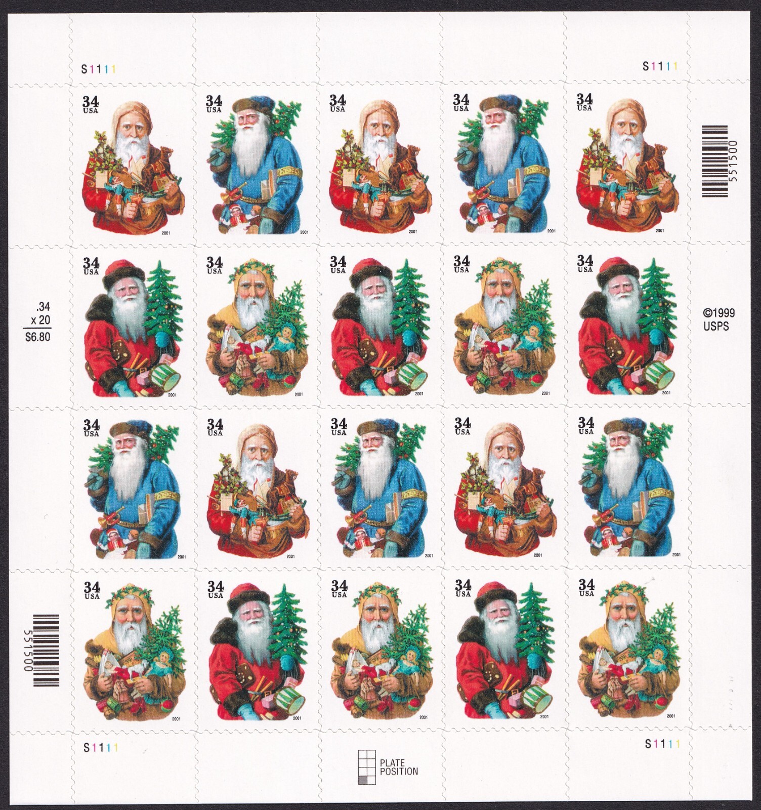 Scott #3540b (3537-3540) Santa Claus and Tree Sheet Of 20 Stamps - MNH