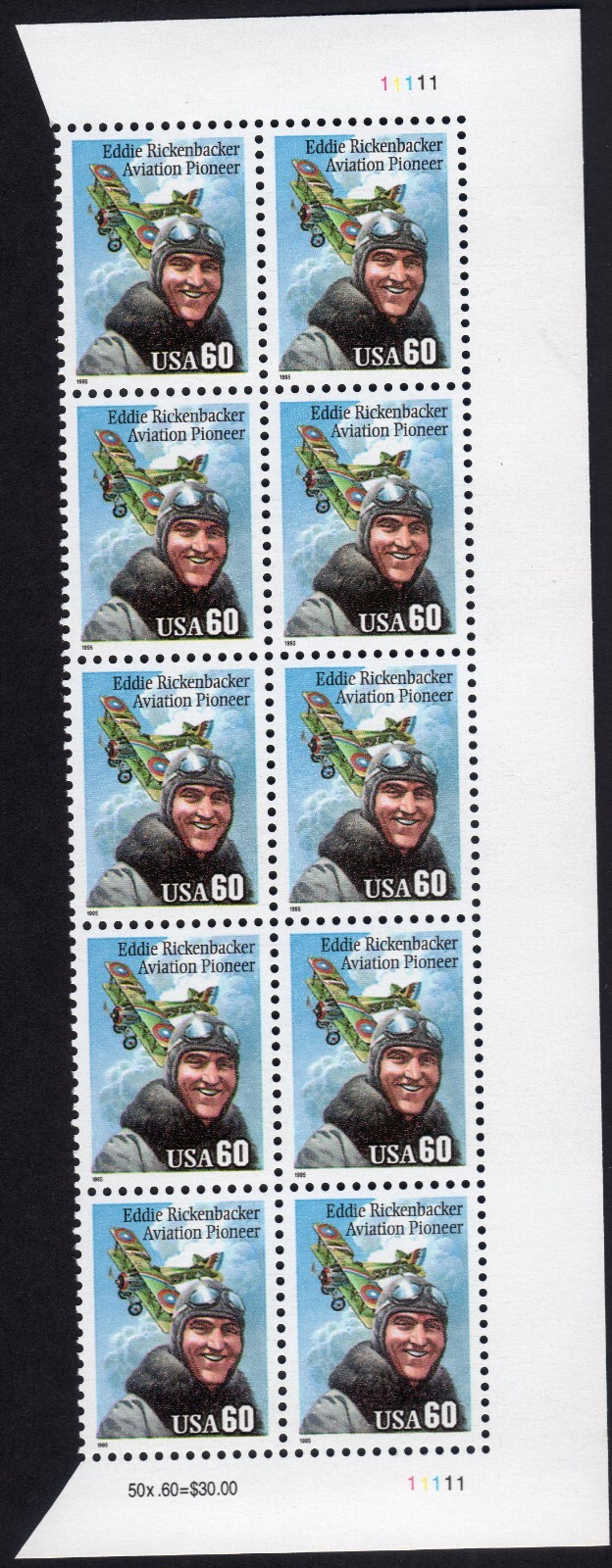 Scott #2998 Eddie Rickenbacker (Pilot) Plate Block Of 10 Stamps - MNH (Right)