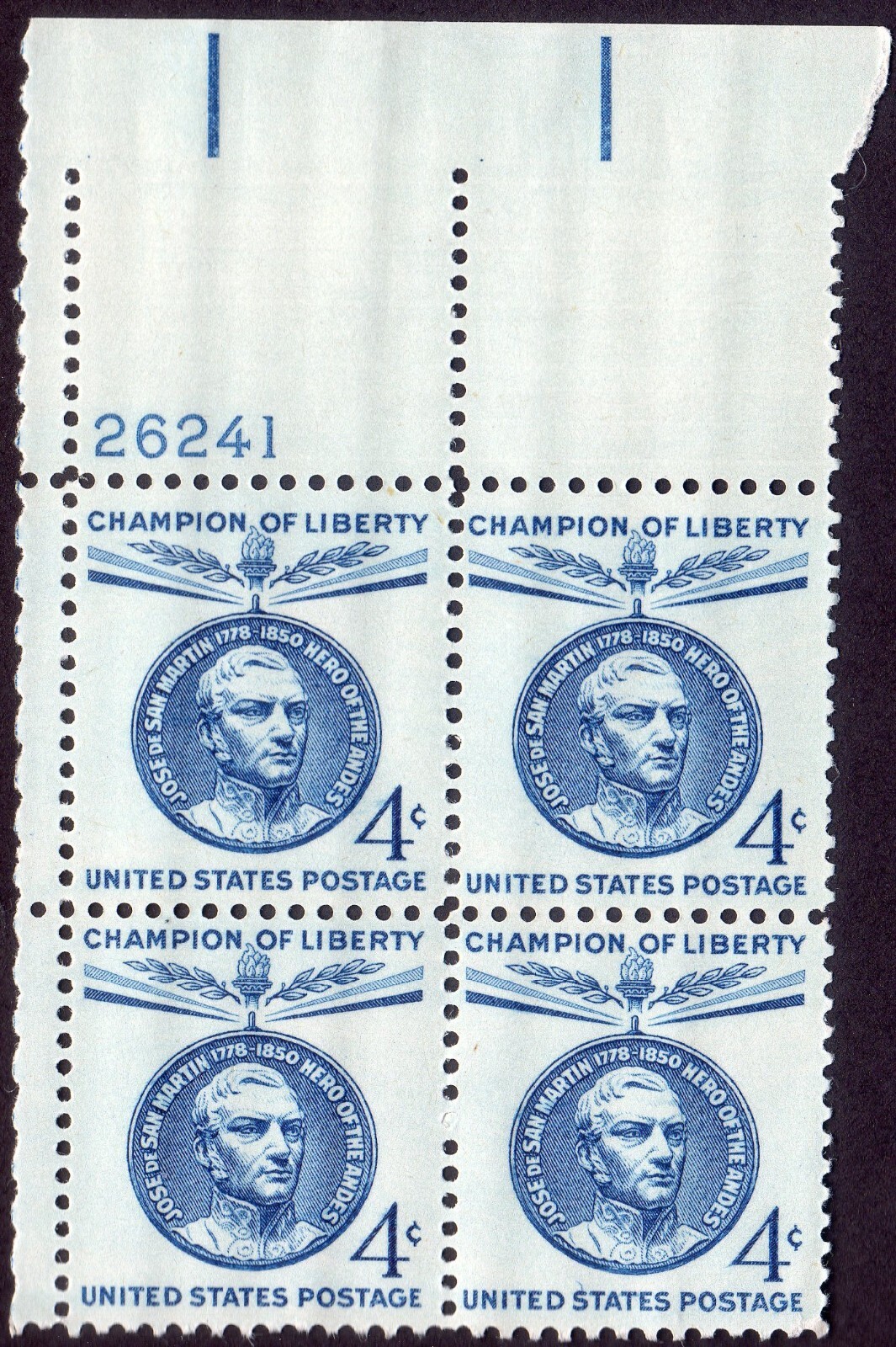 Scott #1125 Jose de San Martin (Argentina) Plate Block of 4 Stamps - MNH P#26241
