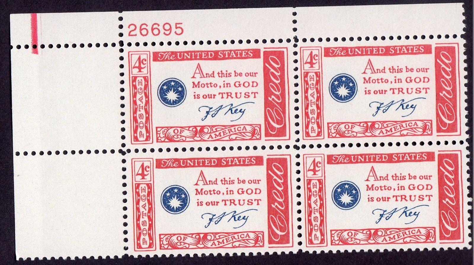 Scott #1142 Credo - Francis Scott Key Plate Block of 4 Stamps - MNH P#26695