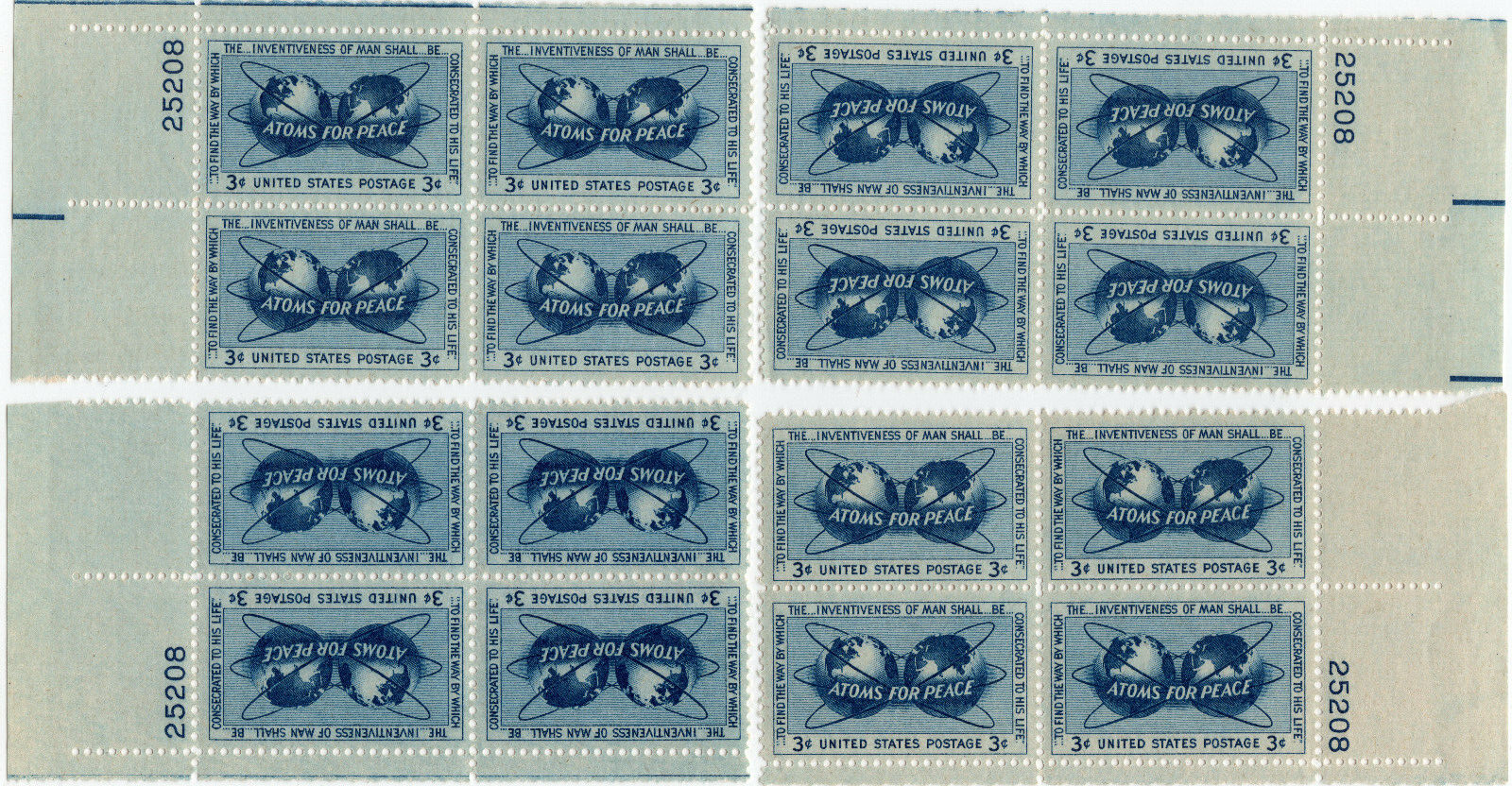 Scott #1070 Nuclear Energy Matched Set of Plate Blocks of 4 Stamps - MNH P#25208