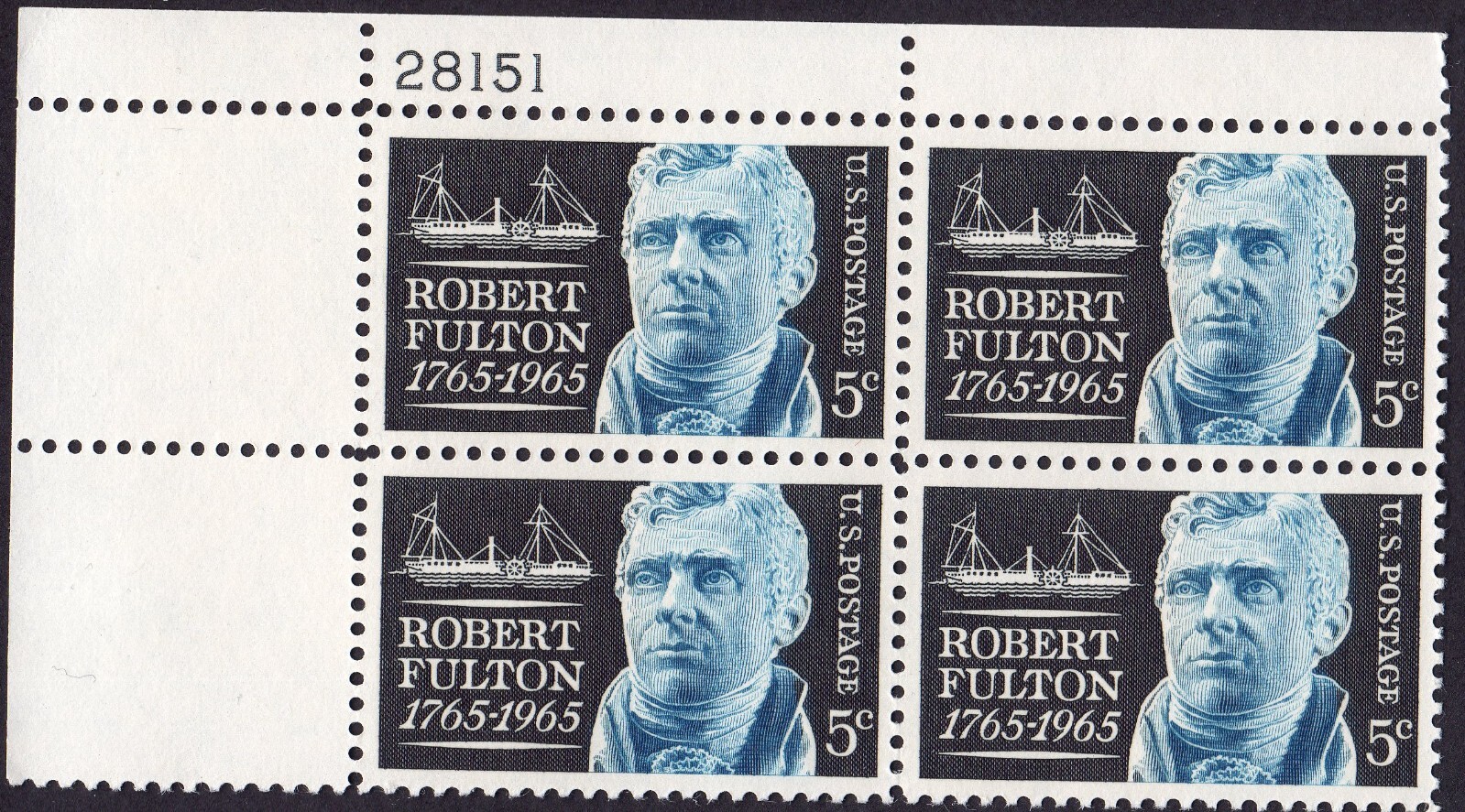 Scott #1270 Robert Fulton Steamboat Plate Block of 4 Stamps - MNH