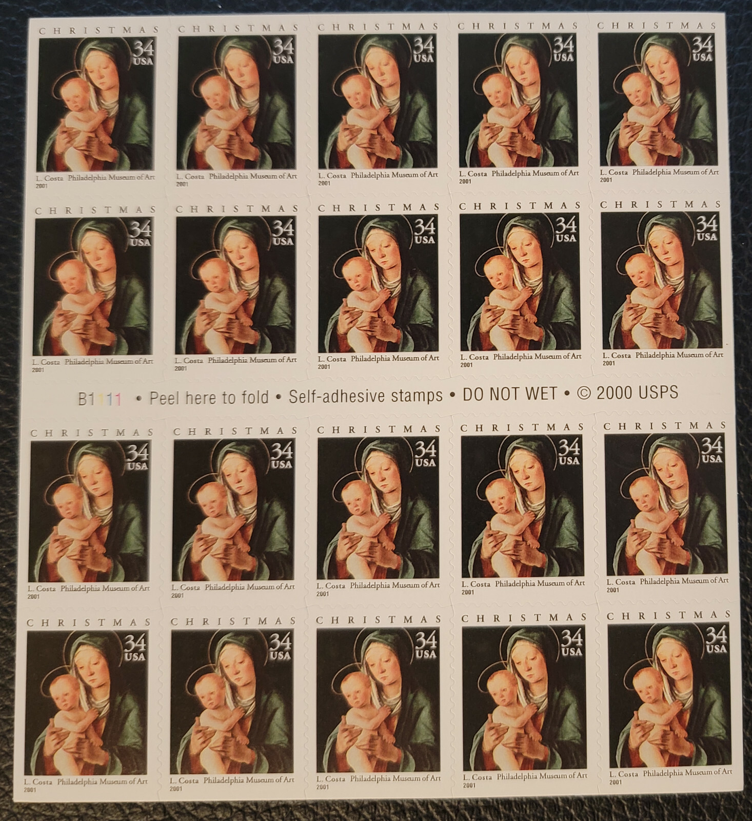 Scott #3536a 34¢ Christmas Madonna (Costa) Booklet of 20 Stamps - MNH P#B1111