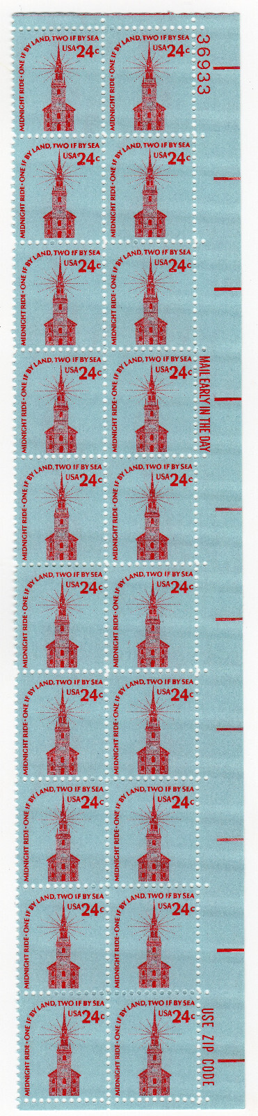 Scott #1603 Midnight Ride Plate Block (Strip) of 20 Stamps - MNH P#36933 UR