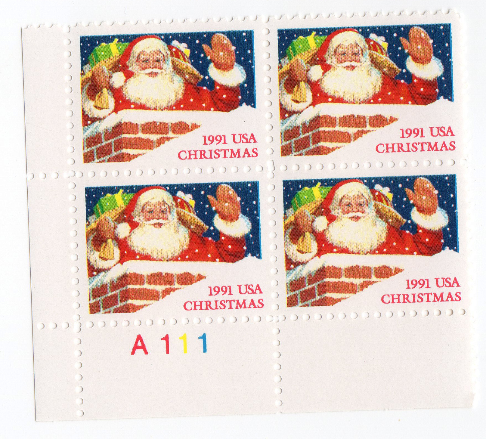 Scott #2579 Christmas Santa in Chimney Plate Block of 4 Stamps - MNH LL Bottom