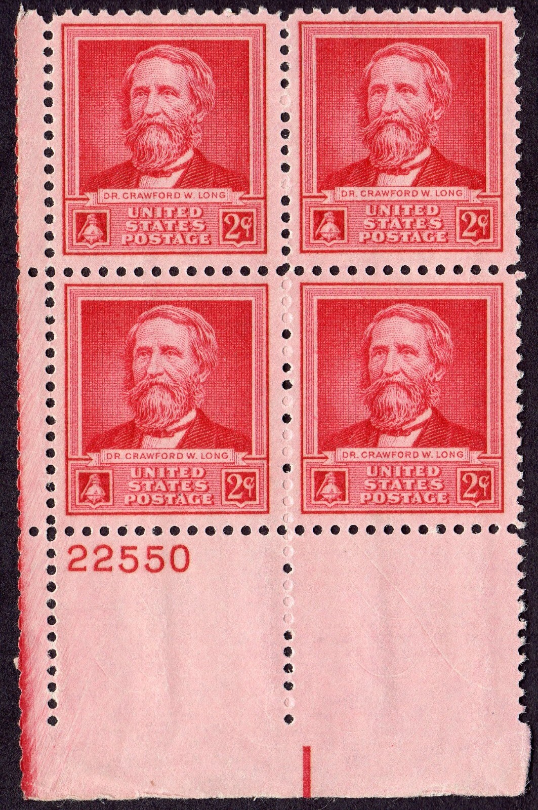 Scott #875 Dr. Crawford Long (Ether) Plate Block of 4 Stamps - MNH P#22550