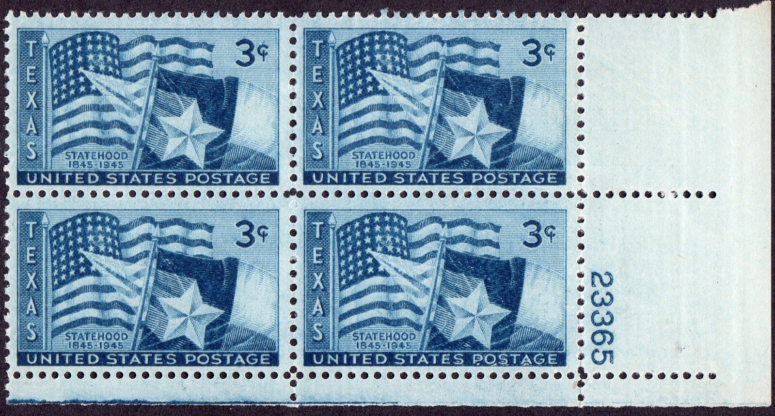 Scott #938 Texas Plate Block of 4 Stamps - MNH P#23365