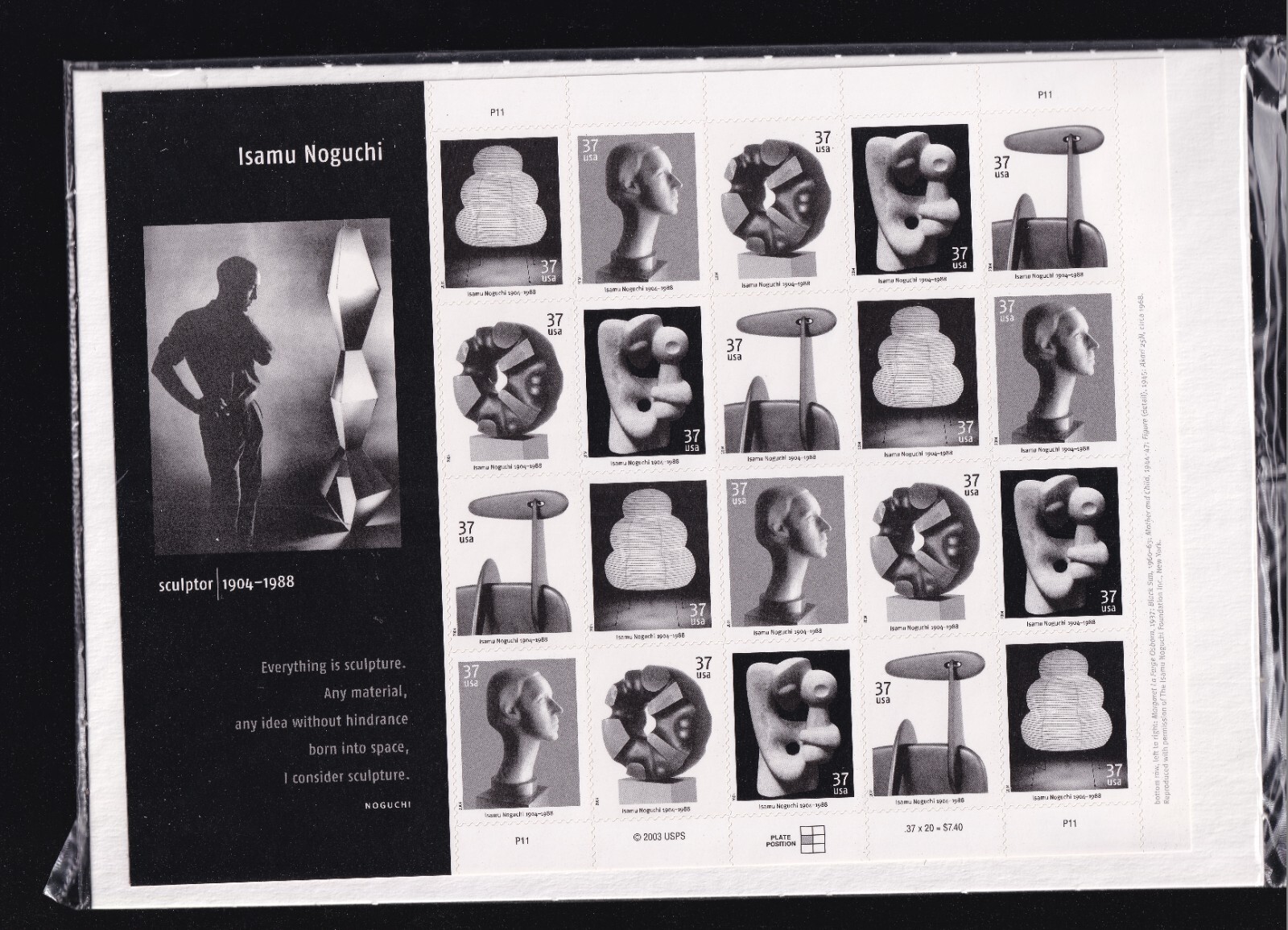 Scott #3861a (3857-61) Isamu Noguchi Souvenir Sheet of 20 Stamps - Sealed White