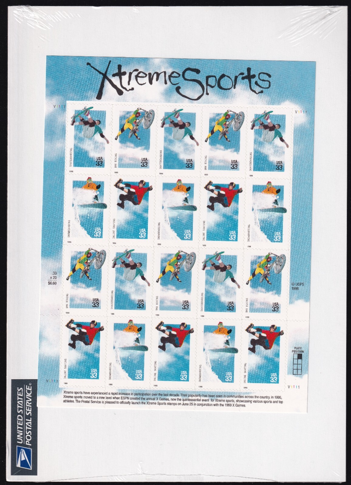 Scott #3324a (3321-3324) Xtreme Sports Sheet of 20 Stamps - Sealed White